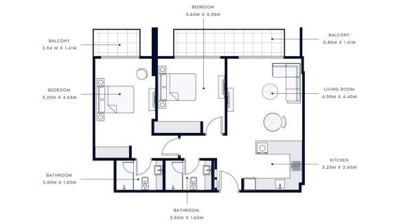 Apartment floor plan, 2 bedrooms in AZIZI AMBER No. 11046 (2D)