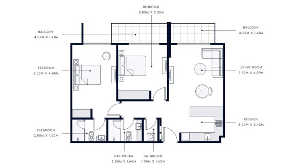 Apartment floor plan, 2 bedrooms in AZIZI AMBER No. 11047 (2D)