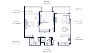 Apartment floor plan, 2 bedrooms in AZIZI AMBER No. 11045