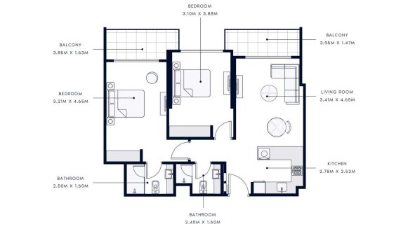 Apartment floor plan, 2 bedrooms in AZIZI AMBER No. 11045 (2D)